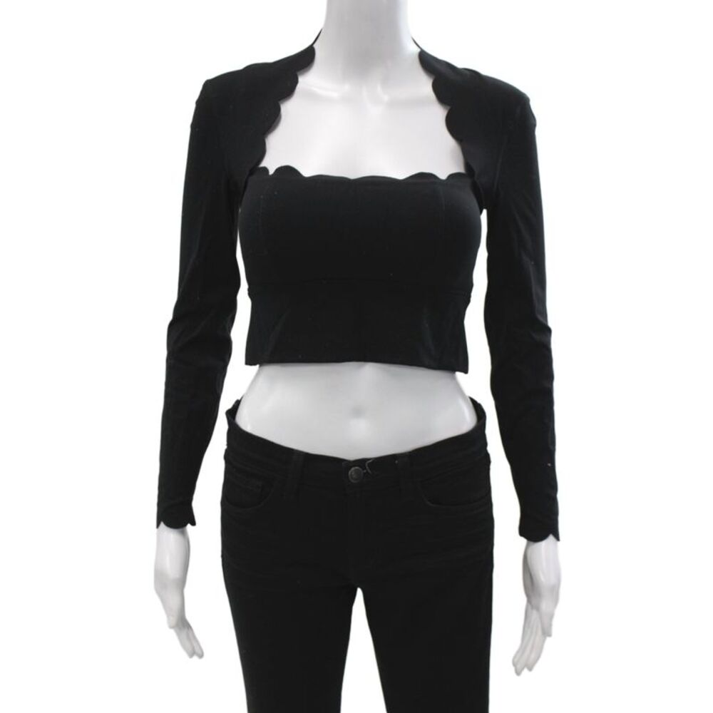 WISKII Women Black Cropped Tank Long Sleeve Square Neck Pullover Size M